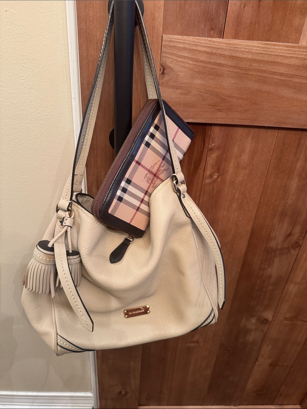 Burberry Cream Leather Hobo Bag with Tassel and Burberry Wallet Bundle